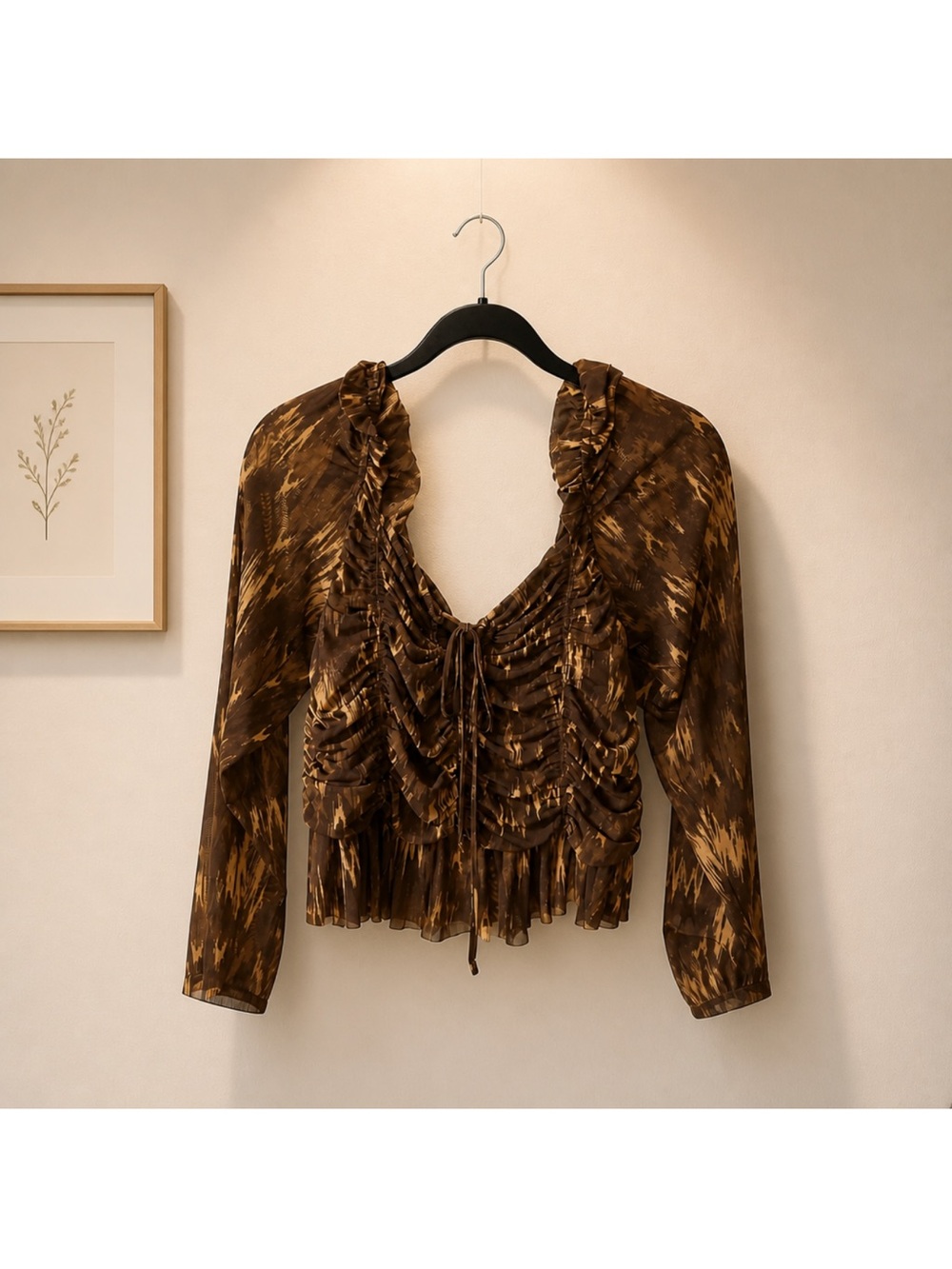 House of Harlow 1960 Brown Printed Ruffle Tie-Front Blouse